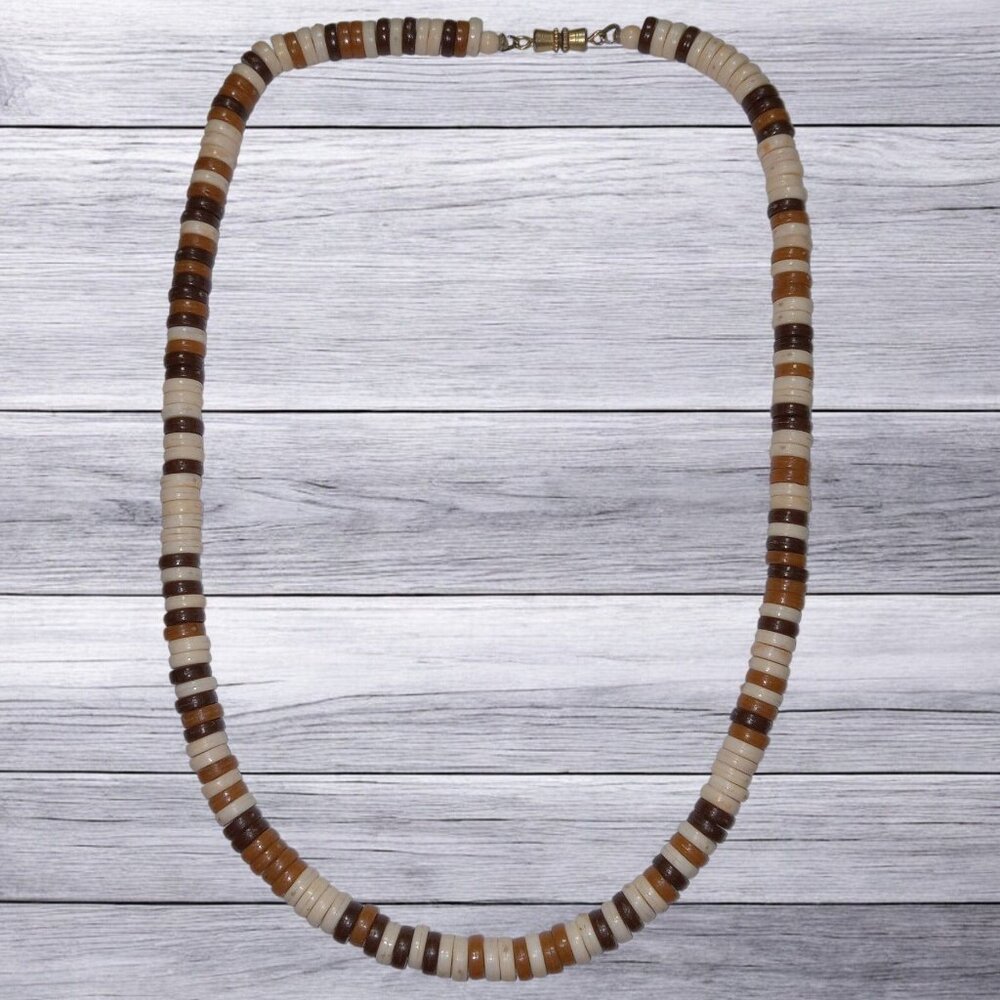 Vintage Beaded Necklace Brown & Cream Lucite Boho Beach Coastal Native Normcore